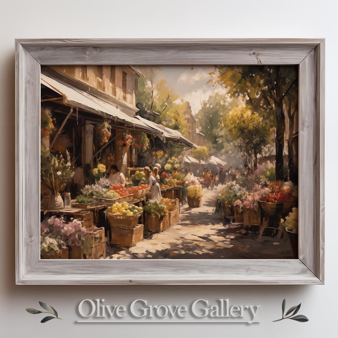 Outdoor Produce And Flower Market Baskets Shoppers Sunlit Poster