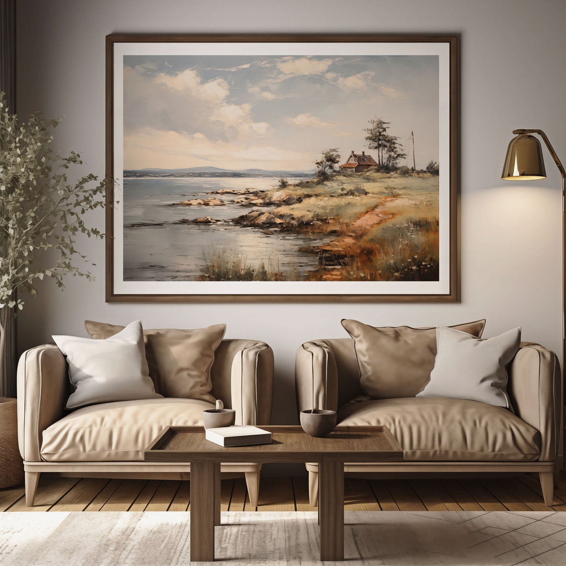 Coastal Cottage Rocky Shore Seascape Antique Oil Painting Poster - Image 2