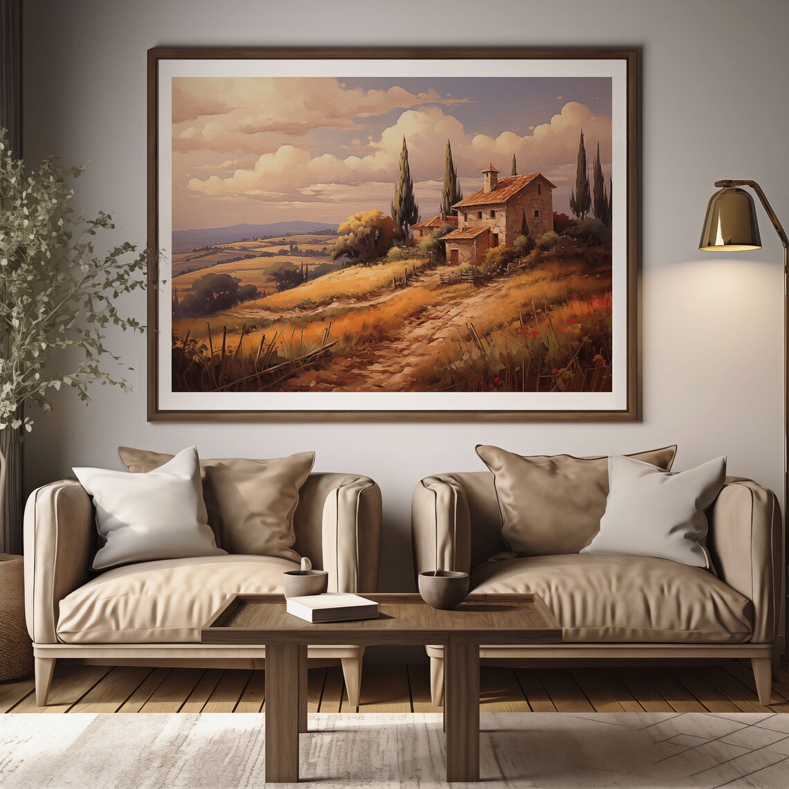 Tuscan Stone Farmhouse With Cypress Trees And Golden Fields Poster - Image 2