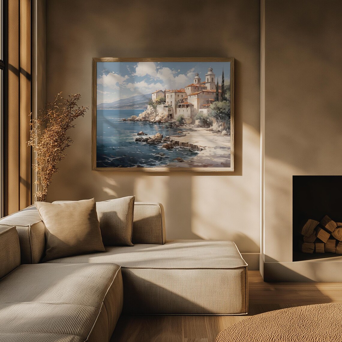 Seaside Village On Rocky Coast With Church Towers And Blue Sea Poster - Image 3