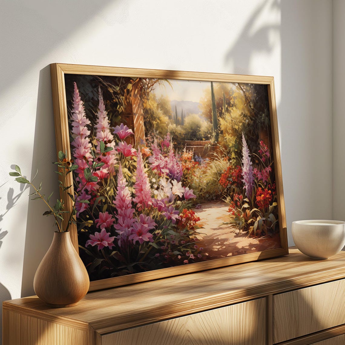 Sunlit Garden Path Tall Pink Flowers Blooming Floral Art Poster - Image 4