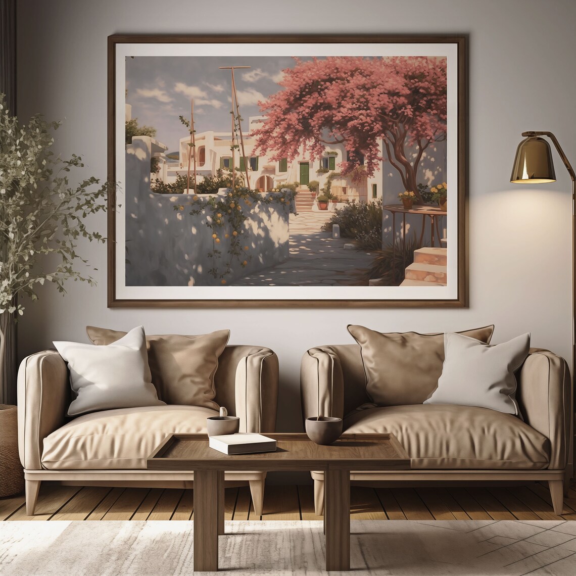 Sunny Whitewashed Courtyard with Pink Flowering Tree Oil Painting Poster - Image 2
