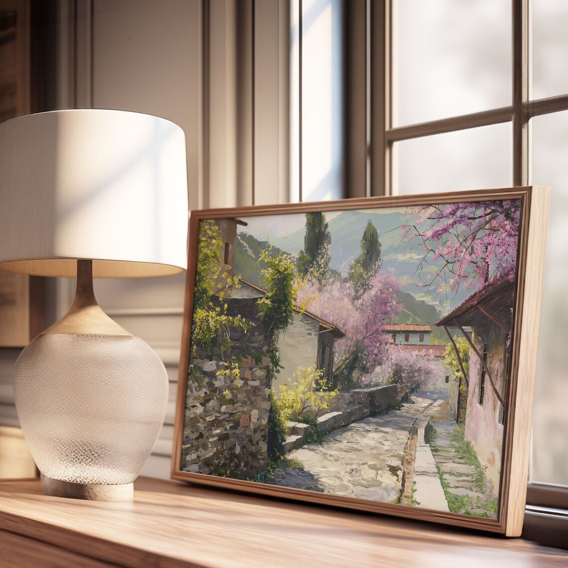 Spring Blossom Lane with Stone Cottages Oil Painting Style Poster - Image 2