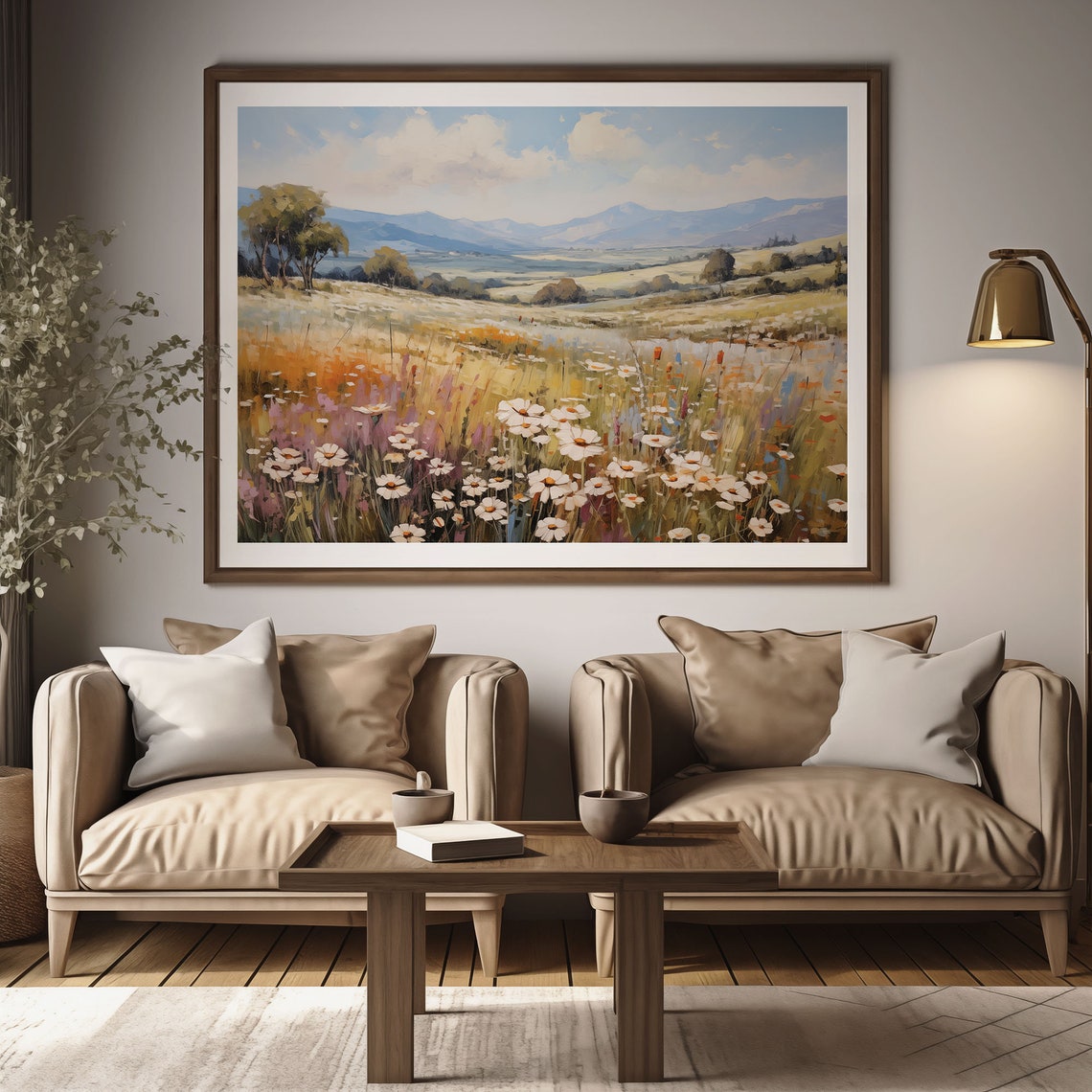 Daisy Meadow With Rolling Hills And Mountains Blue Sky Poster - Image 2
