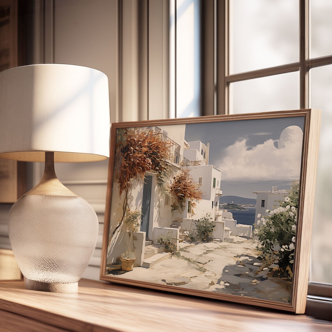 Greek Island Alley Flowering Bushes Sea View Oil Painting Poster - Image 3