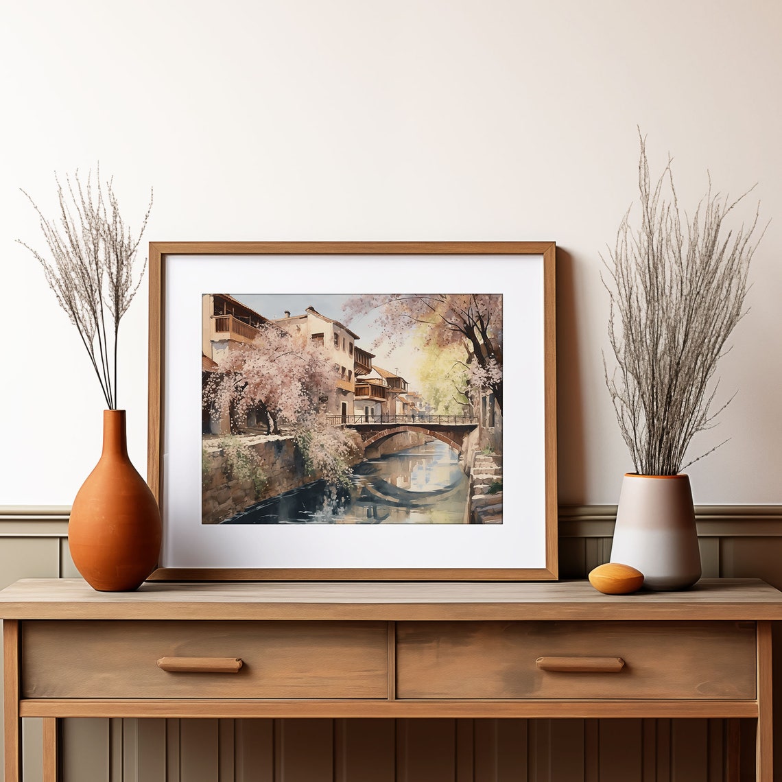 Springtime Stone Bridge Canal Old Town Cherry Blossom Scene Poster - Image 4