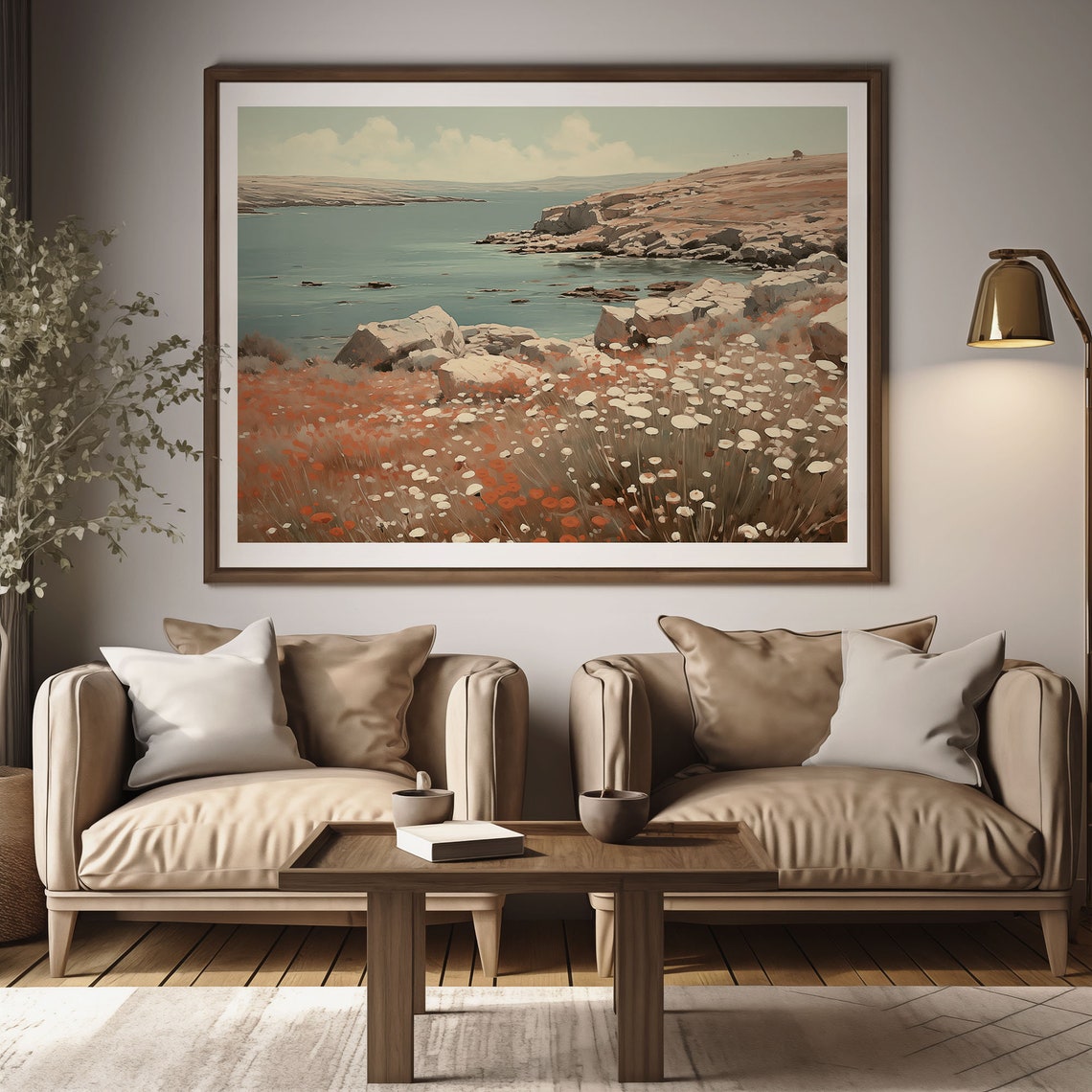 Rocky Coast Wildflower Painting Teal Sea Cliff Ocean Nature Poster - Image 3
