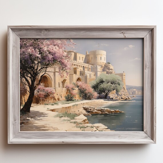 Historic Seaside Castle with Pink Blossom Trees Oil Painting Poster