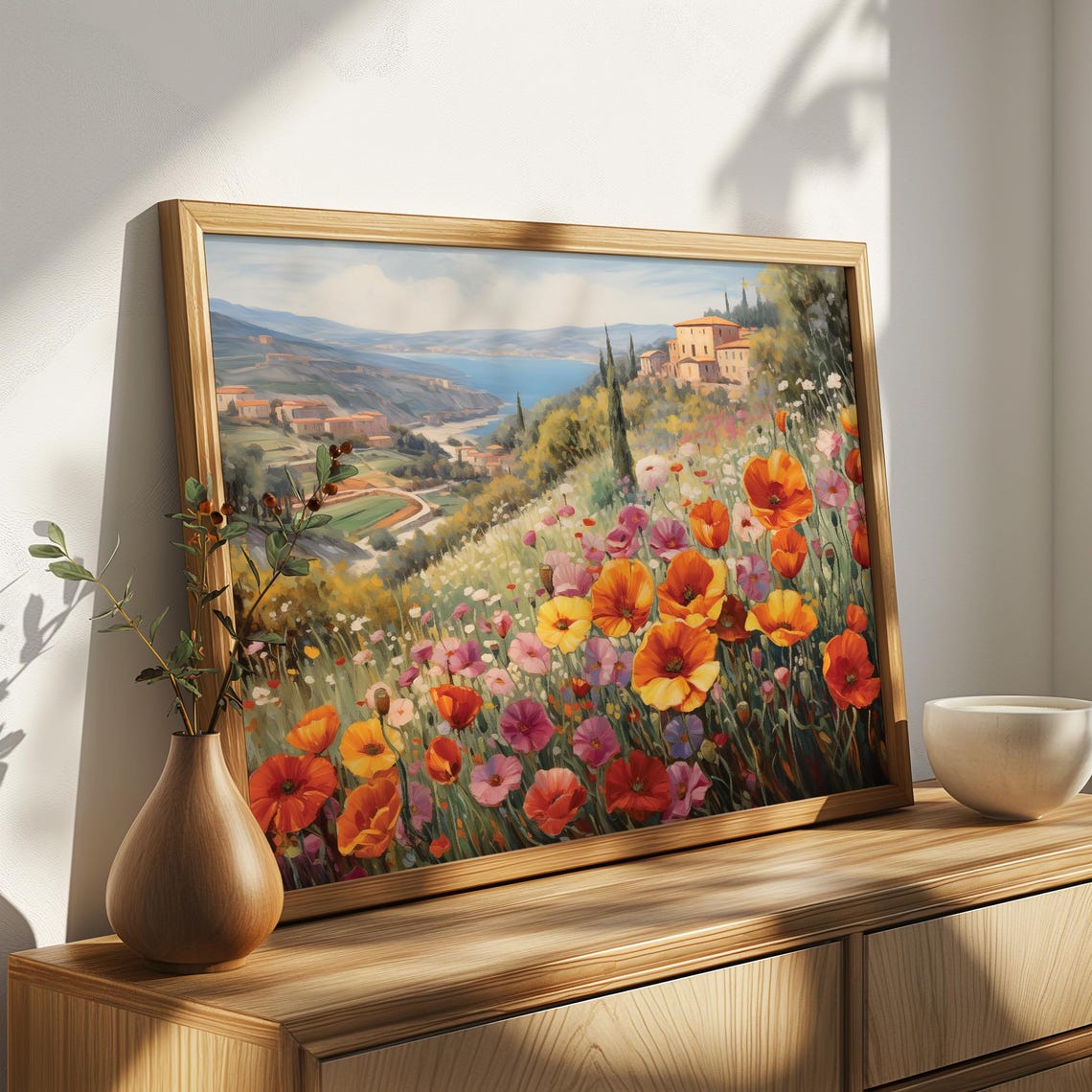 Colorful Poppy Field Italian Countryside Art Scenic Landscape Wildflowers Mediterranean Village By The Sea Nature Inspired Wall Decor - Image 4