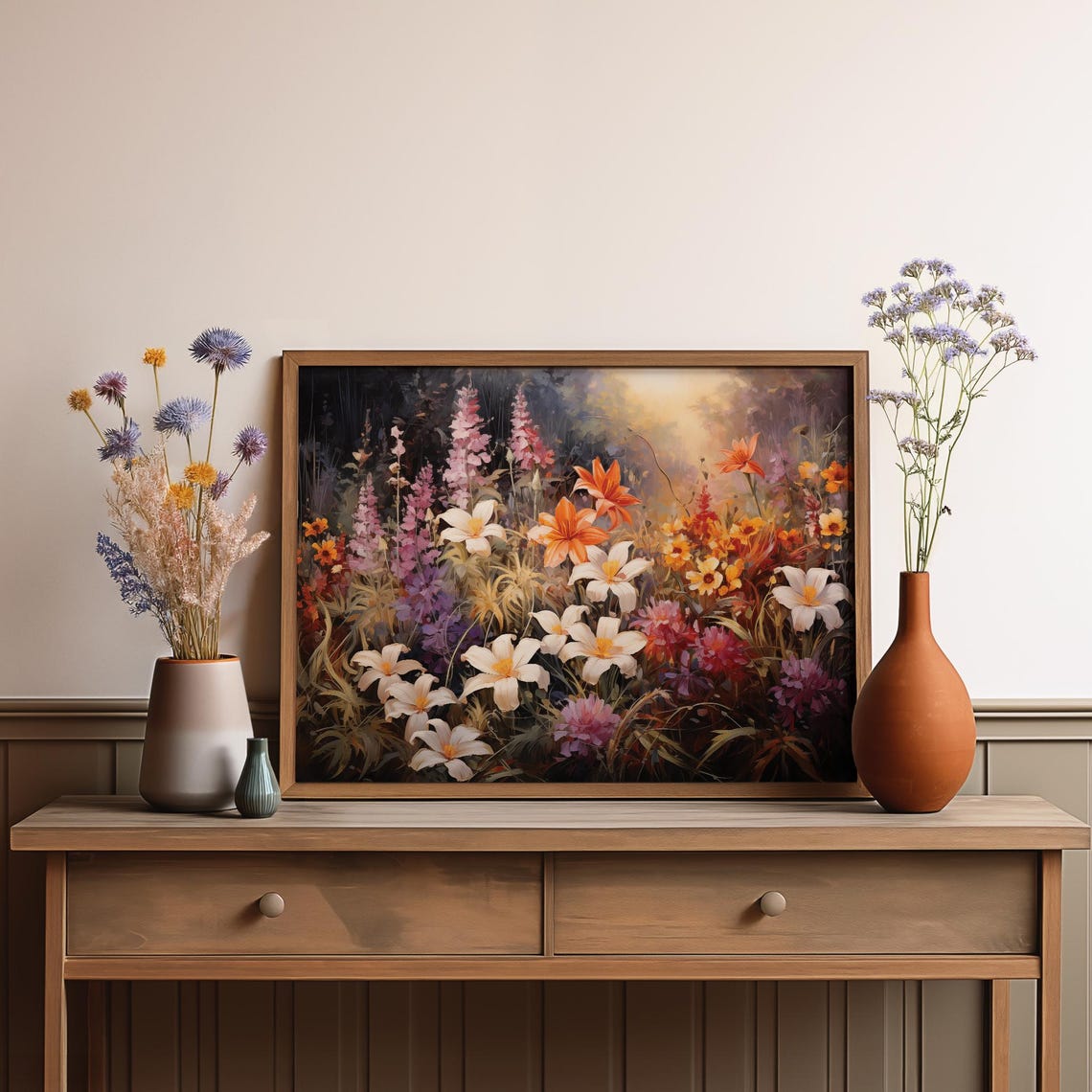 Lily Garden Orange Pink Blossoms Dark Background Oil Painting Poster - Image 3