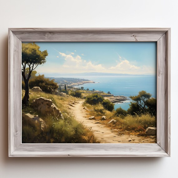 Hillside Path to the Sea Painting Olive Trees Blue Ocean View Poster