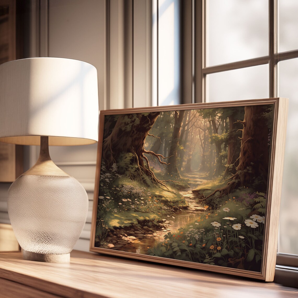 Sunlit Forest Stream Enchanted Woods Wildflowers Oil Painting Poster - Image 3