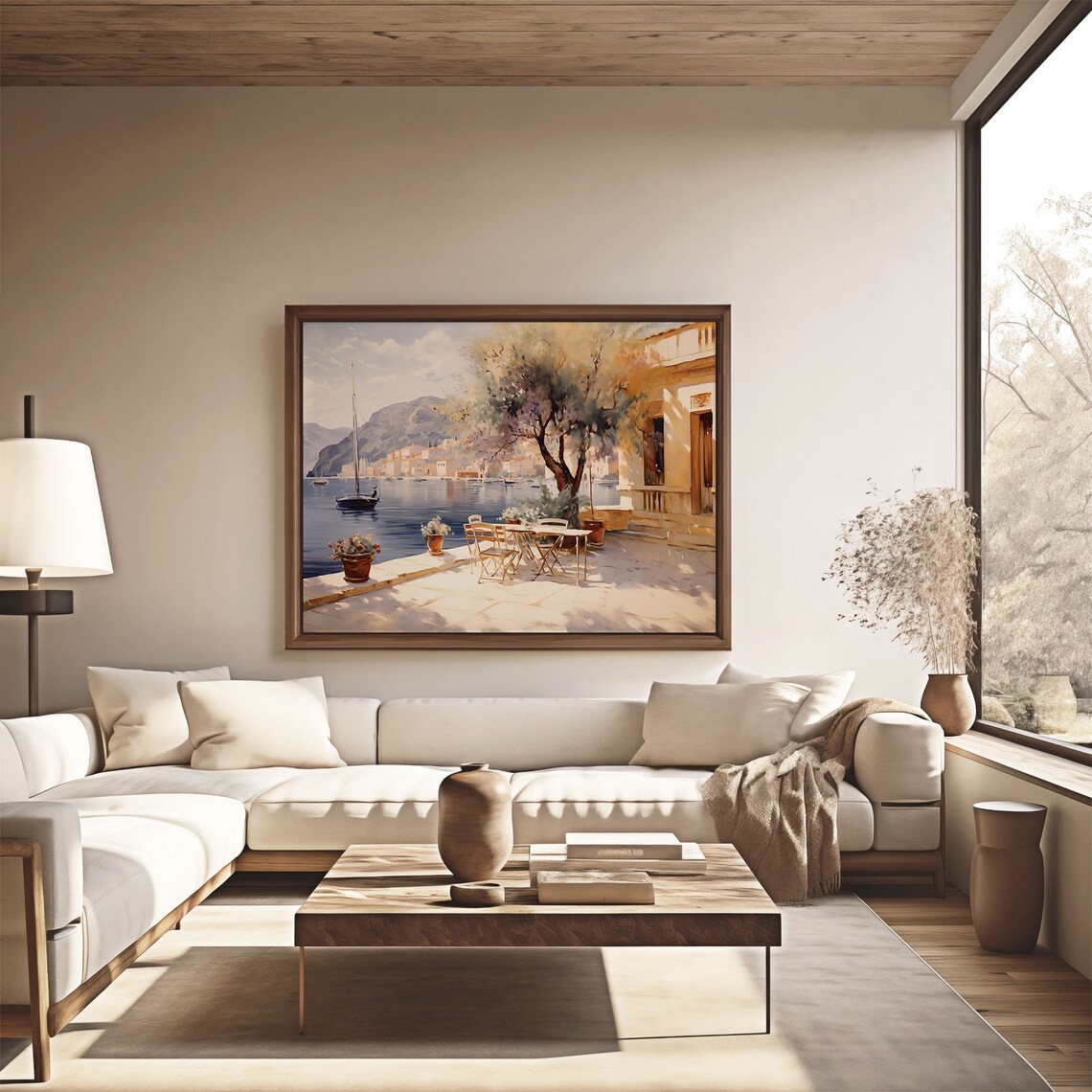 Harbor Cafe Terrace with Sailboats Oil Painting Style Poster - Image 4