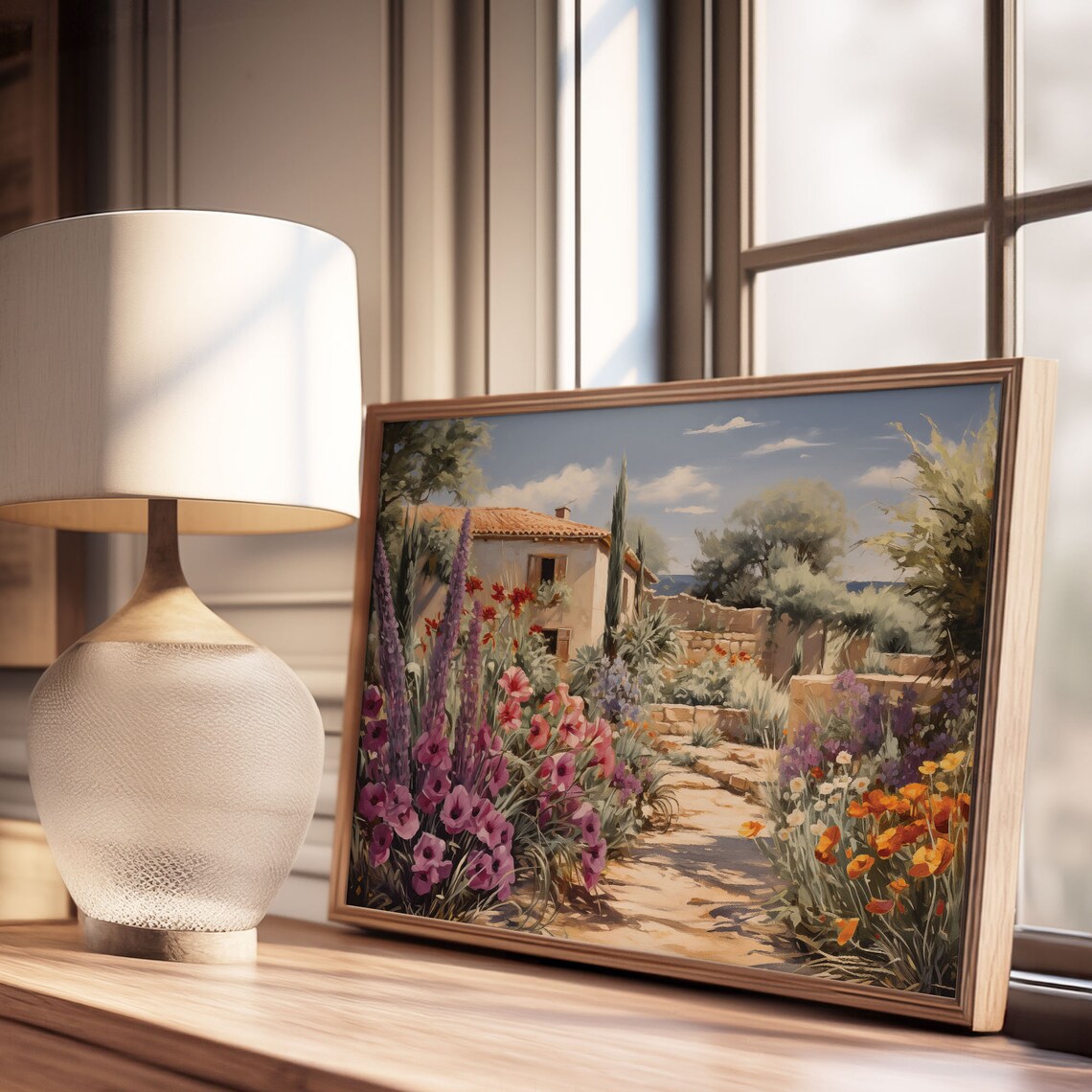 Mediterranean Villa Garden Stone Path Purple Flowers Oil Painting Poster - Image 3