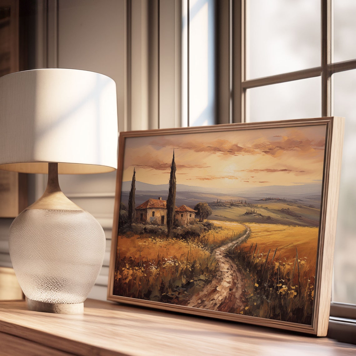 Tuscan Sunset Farmhouse Cypress Wheat Field Path Oil Painting Poster - Image 3