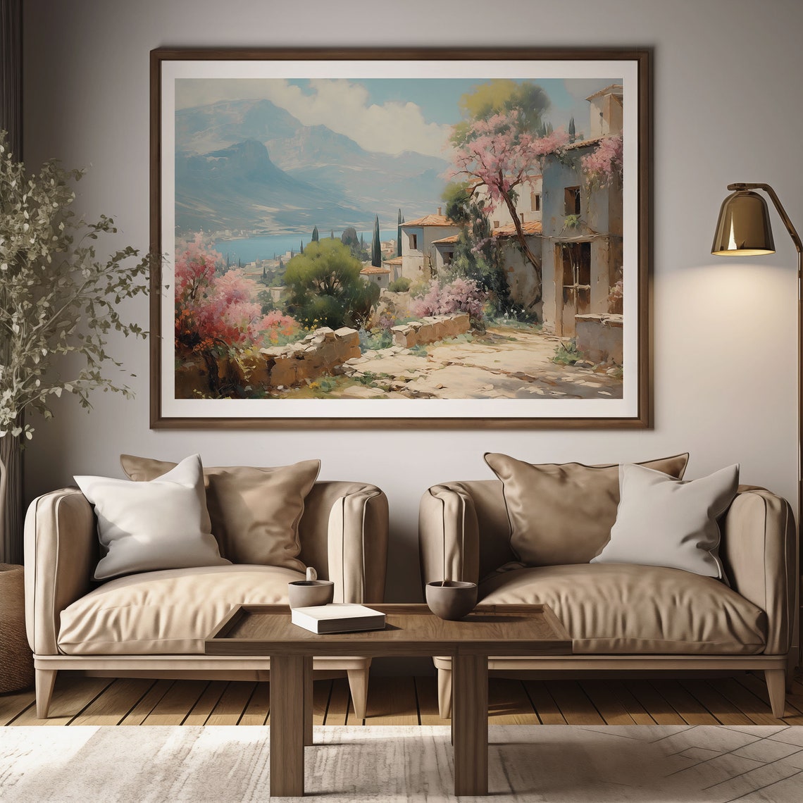 Spring Blossom Village with Mountain Lake Oil Painting Poster - Image 2