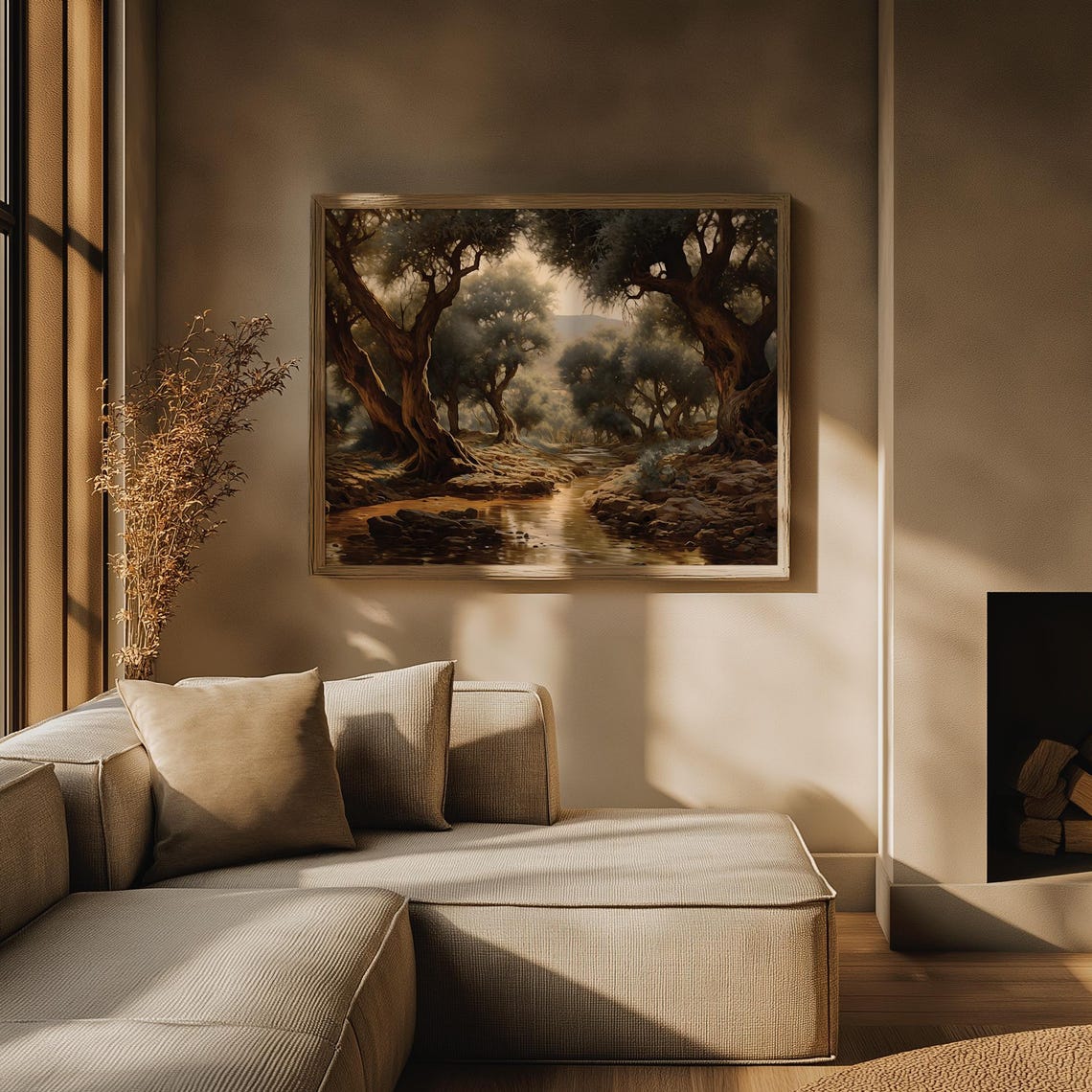 Olive Tree Stream Golden Light Rocky Banks Oil Painting Poster - Image 3