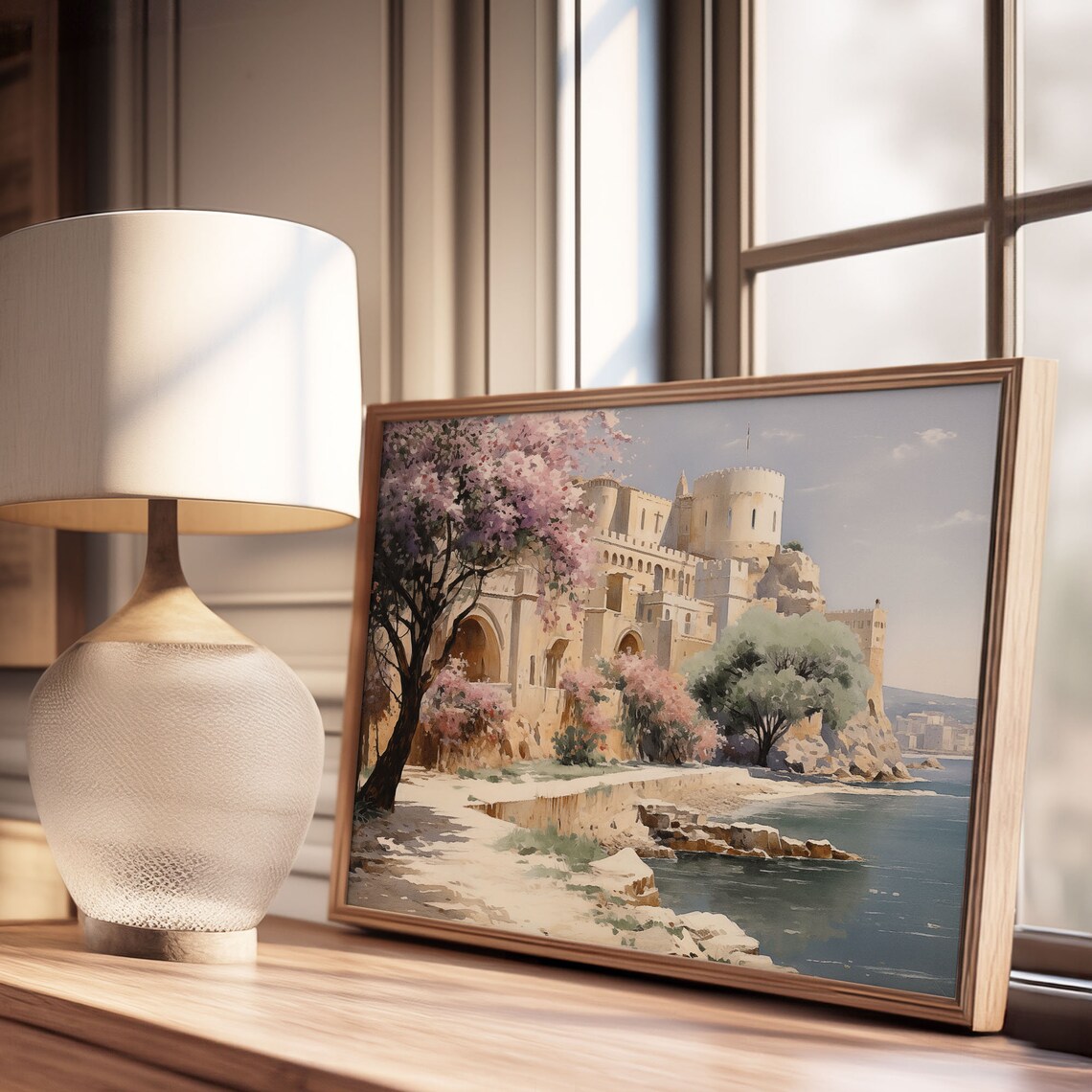 Historic Seaside Castle with Pink Blossom Trees Oil Painting Poster - Image 3