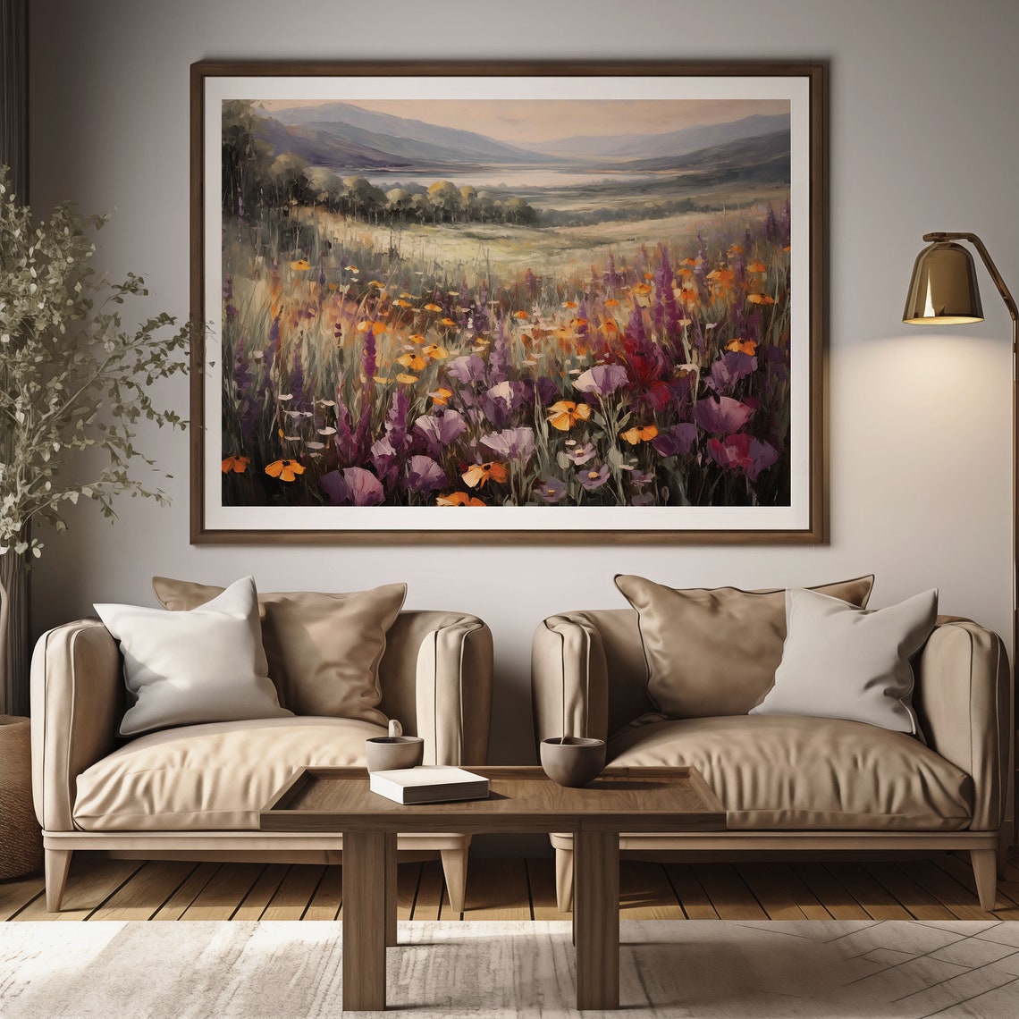 Wildflower Meadow In Purple And Gold With Mountains Beyond Poster - Image 2