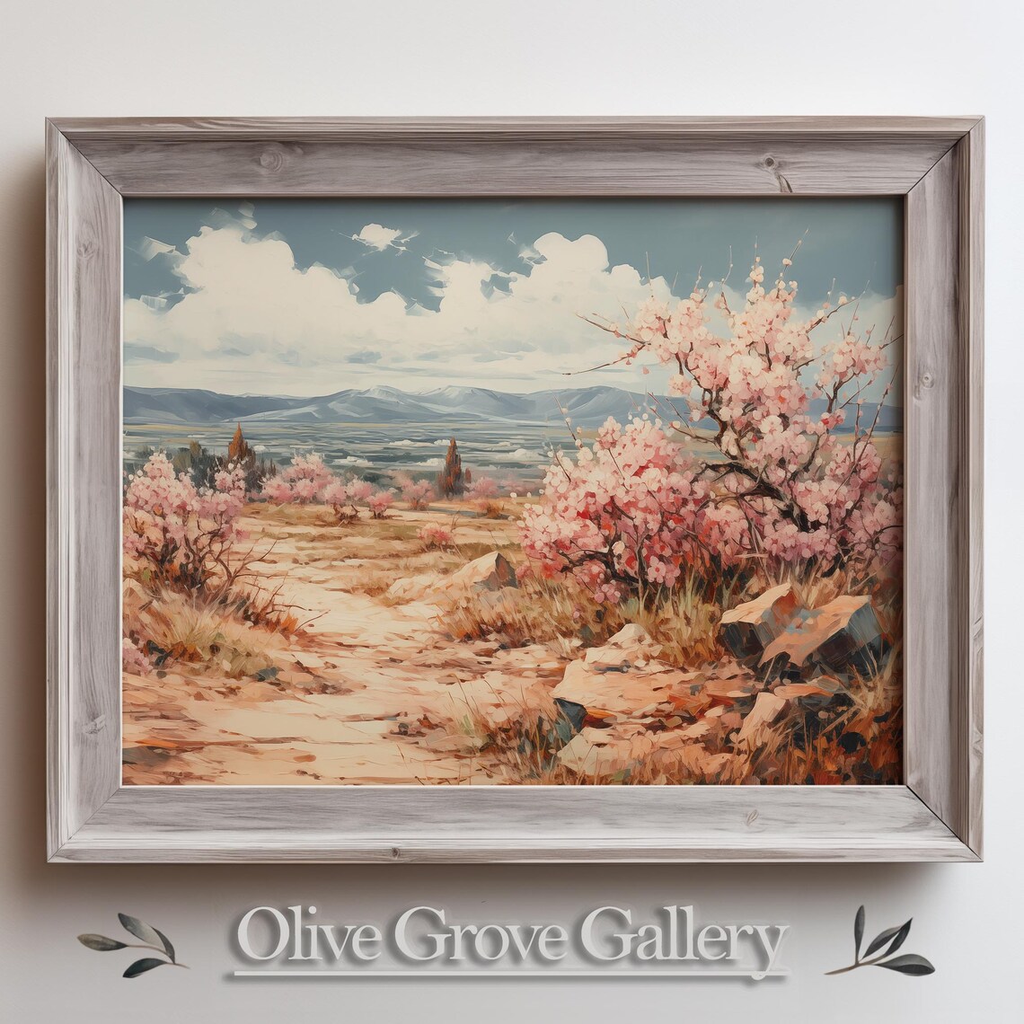 Almond Blossom Countryside Rocky Path Spring Floral Art Poster