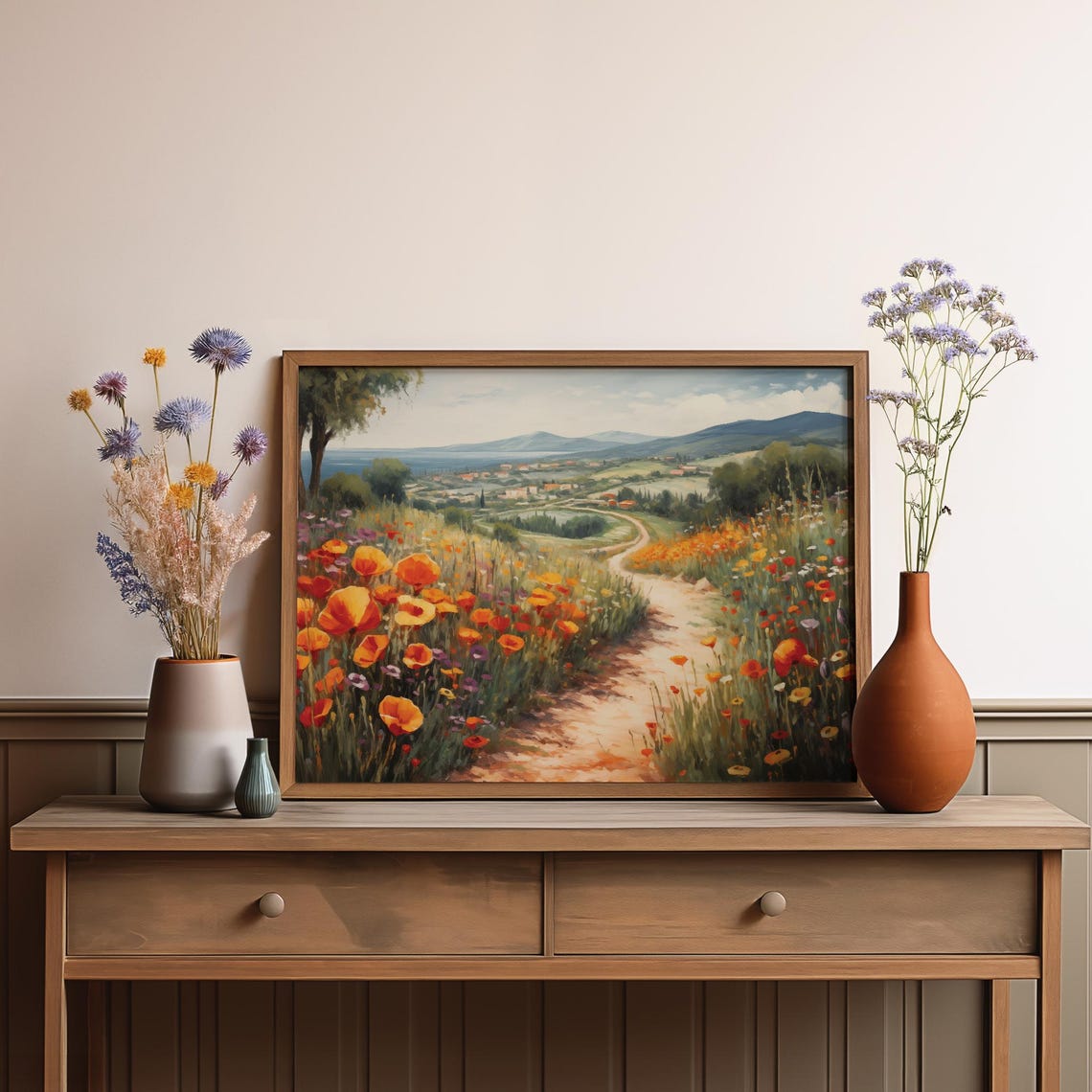 Sunlit Poppy Path Italian Hillside Coastal Landscape Art Poster - Image 3