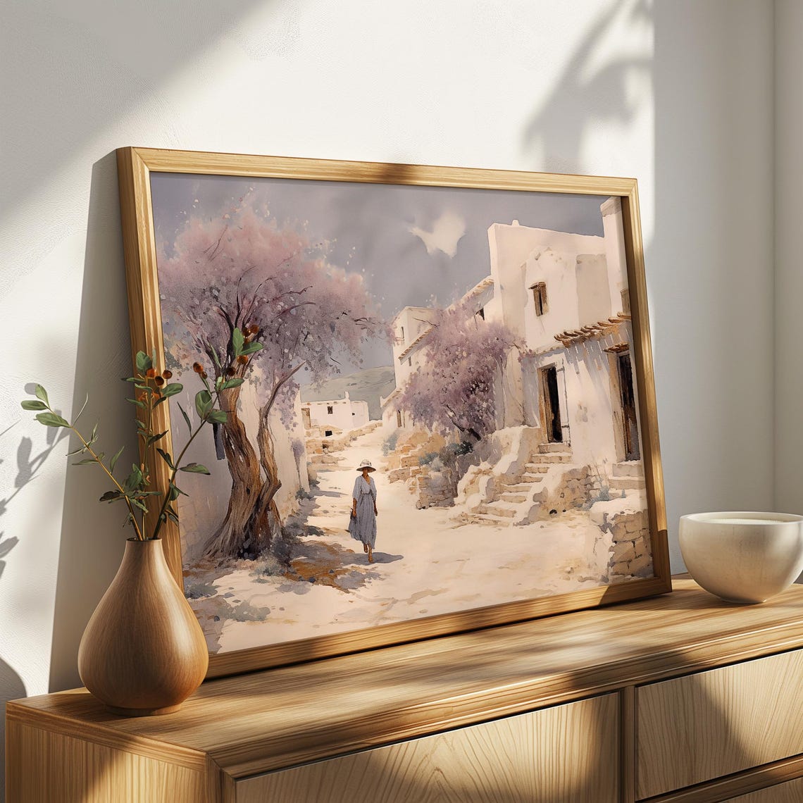 Woman Walking Whitewashed Village Street With Purple Trees Poster - Image 4