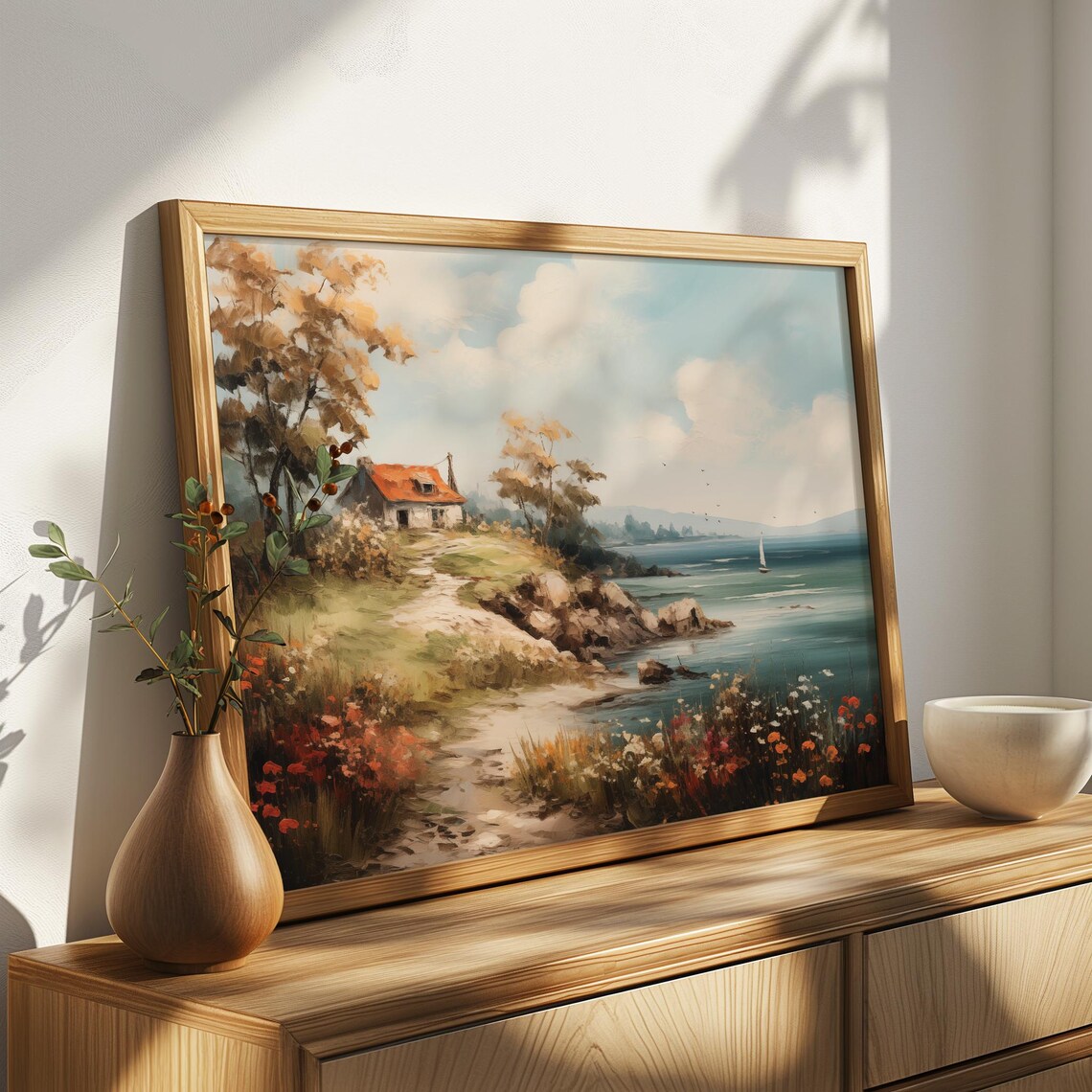 Coastal Cottage Sailboat Rocky Shore Seaside Village Art Poster - Image 4