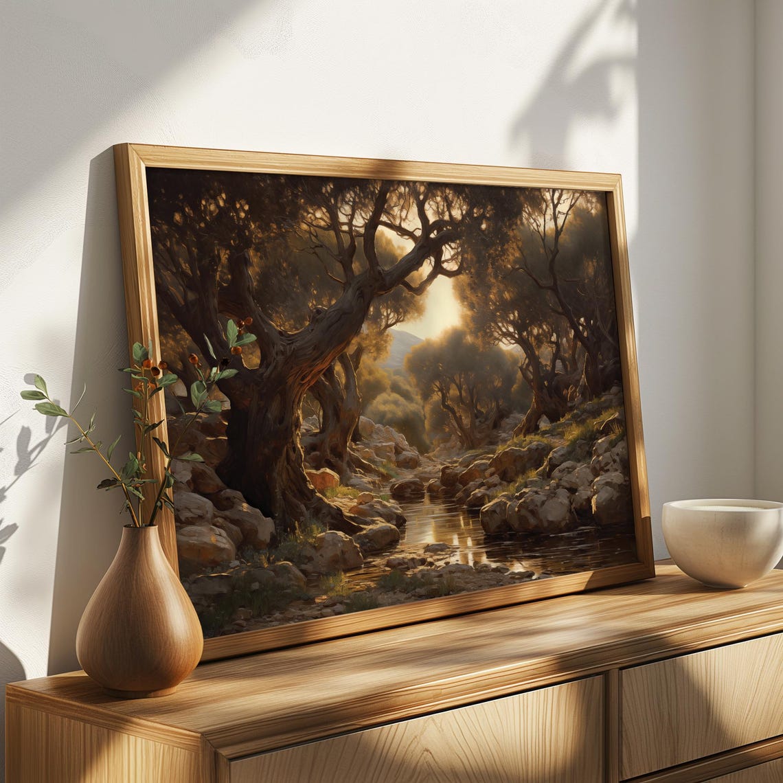 Ancient Olive Grove Painting Golden Forest Stream Sunset Poster - Image 4