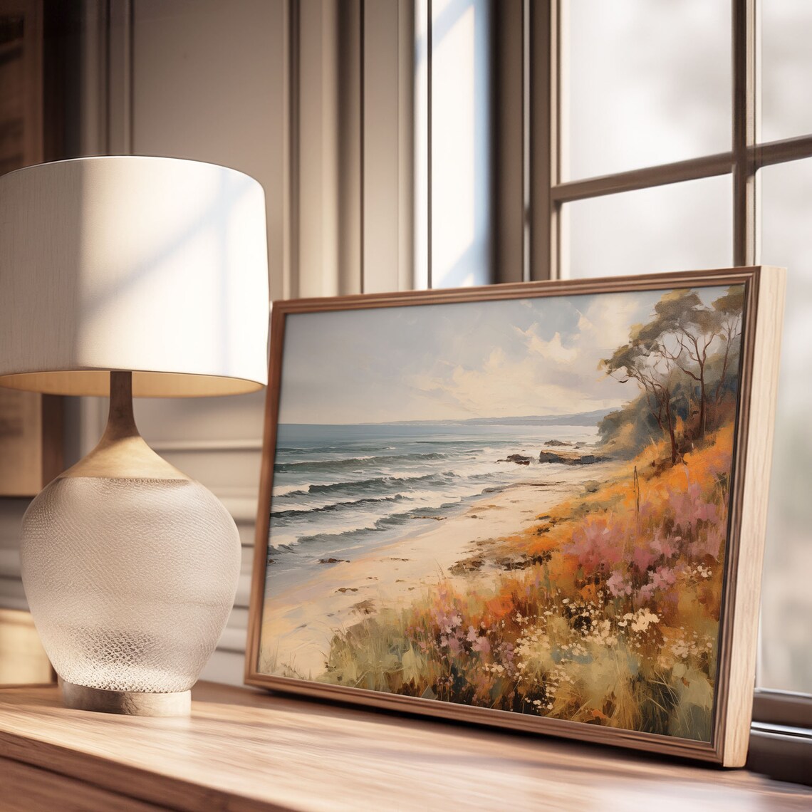 Sandy Beach Waves Wildflower Dune Ocean View Oil Painting Poster - Image 3