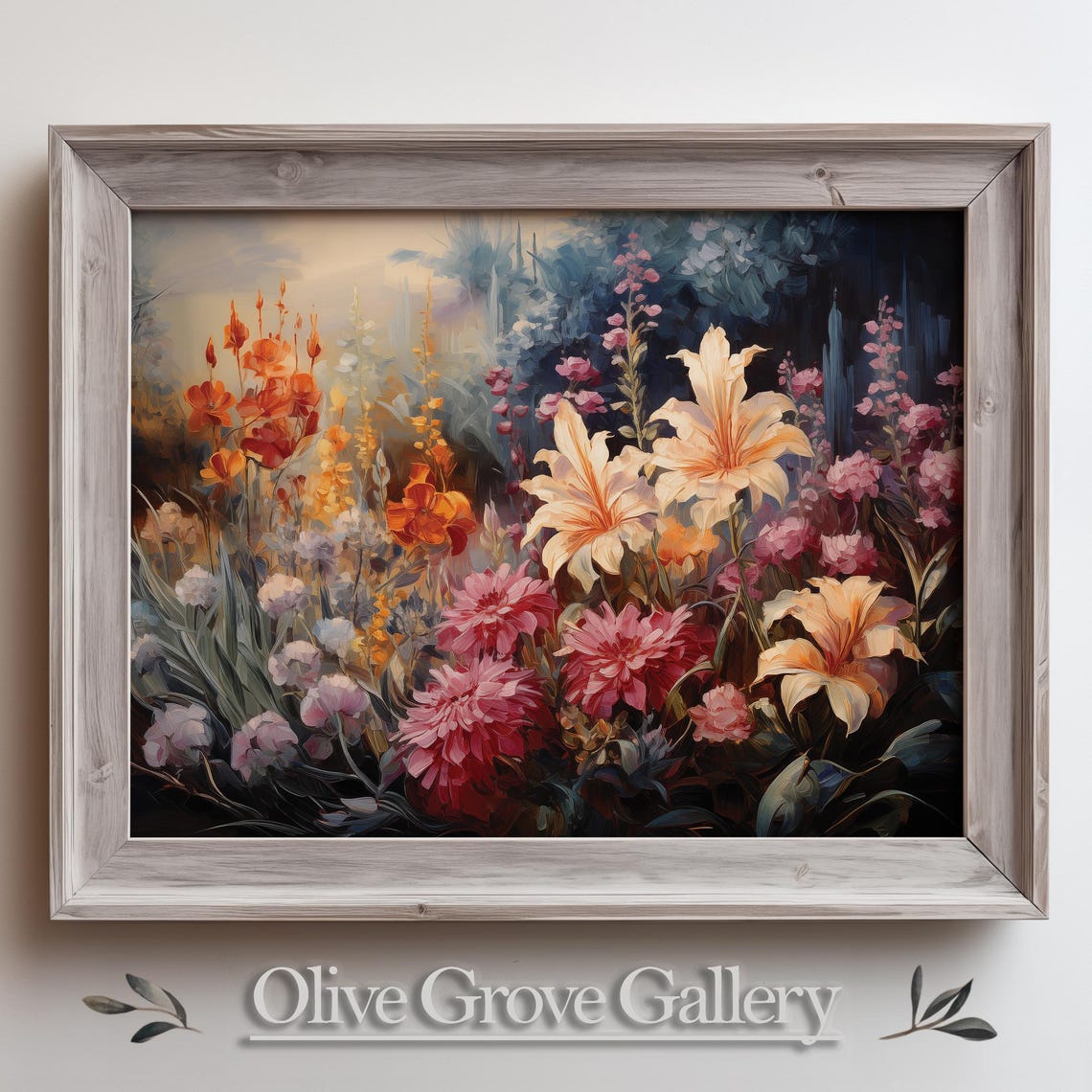 Lush Garden Flower Painting Lilies Dahlias Dark Botanical Art Poster