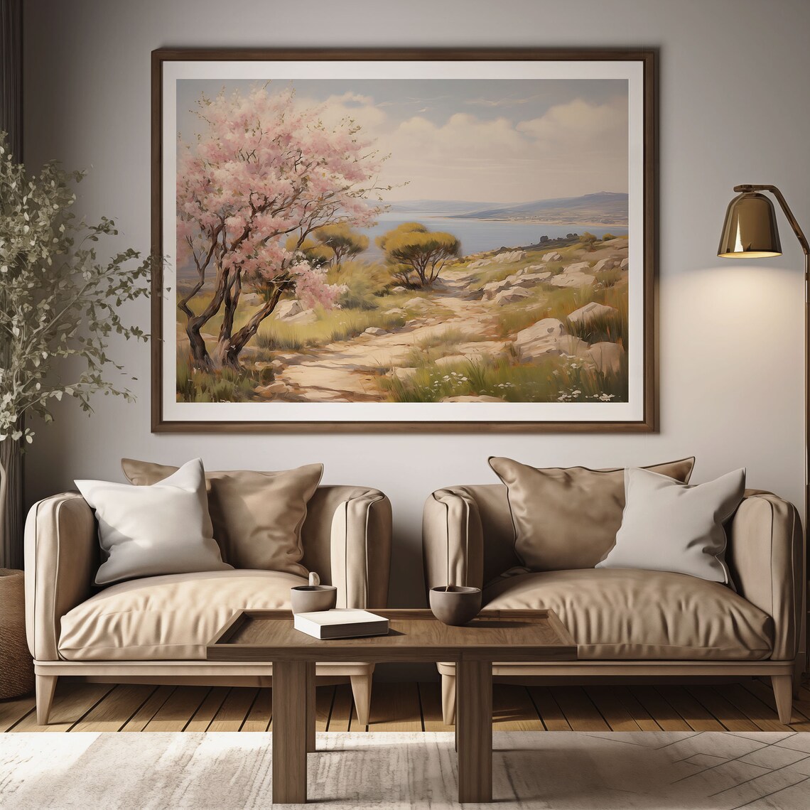 Pink Blossom Tree on Rocky Trail Above the Bay Oil Painting Poster - Image 2