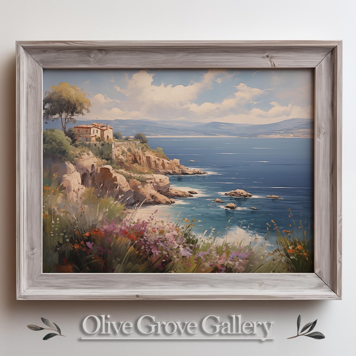 Clifftop Villa with Wildflowers Over Blue Sea Oil Painting Poster