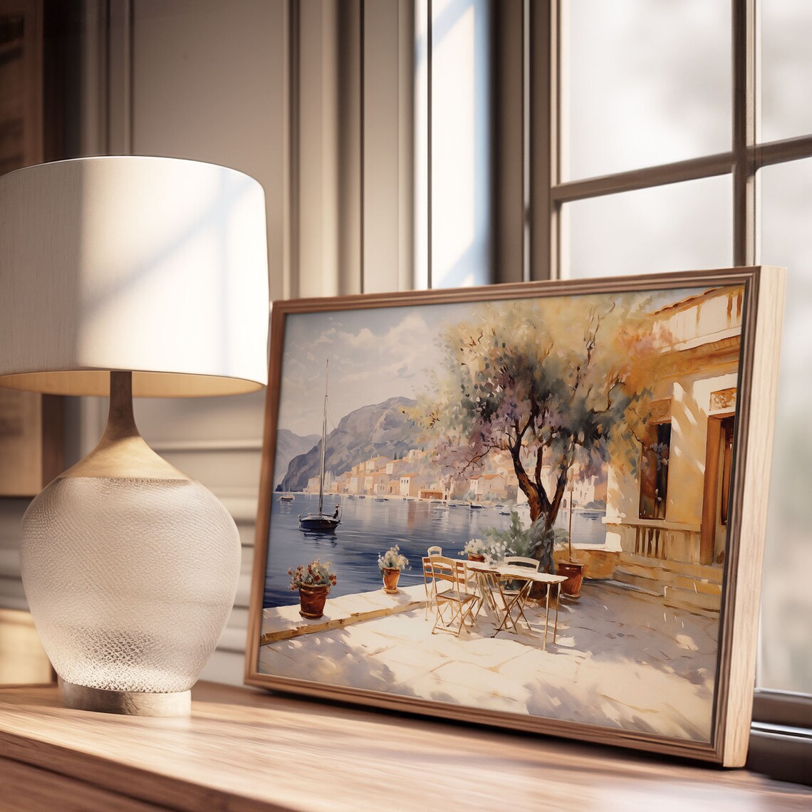 Harbor Cafe Terrace with Sailboats Oil Painting Style Poster - Image 3