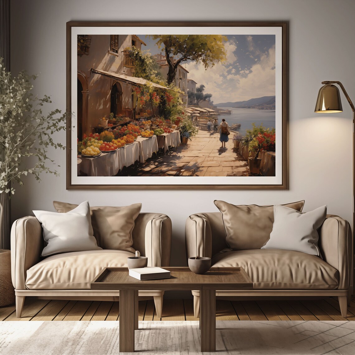 Seaside Market Street Fruit Stalls Waterfront Village Oil Painting Poster - Image 2