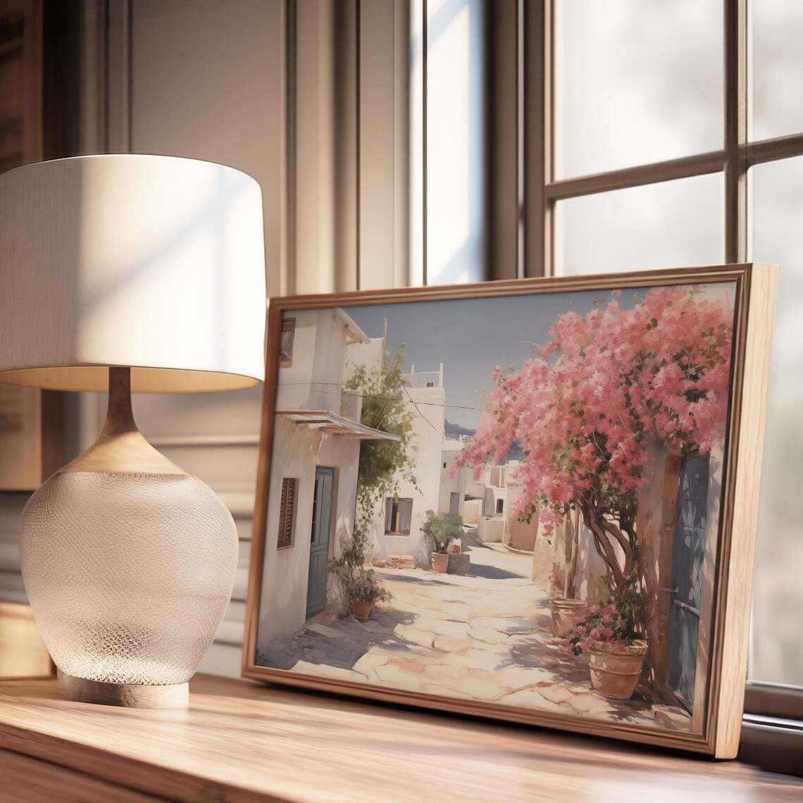 Greek Island Alley with Pink Bougainvillea Oil Painting Poster - Image 3