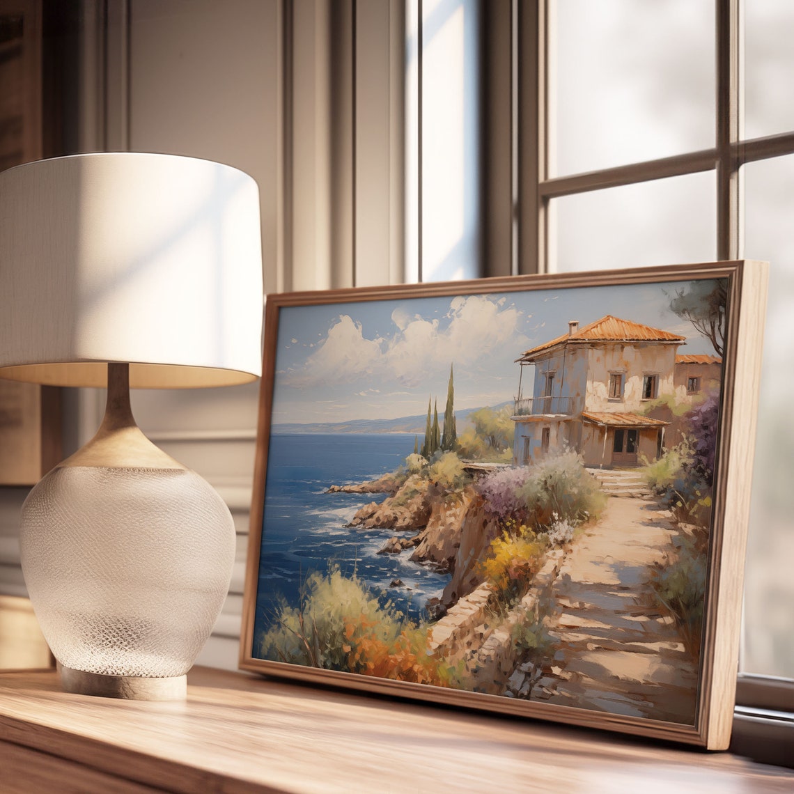 Cliffside Seaside Villa Rocky Shore Blue Ocean Oil Painting Poster - Image 3