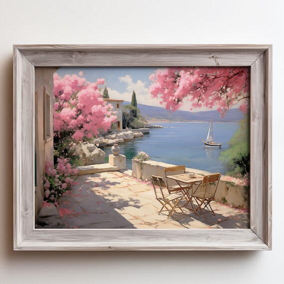 Seaside Terrace With Pink Bougainvillea Sailboat On Blue Sea Poster