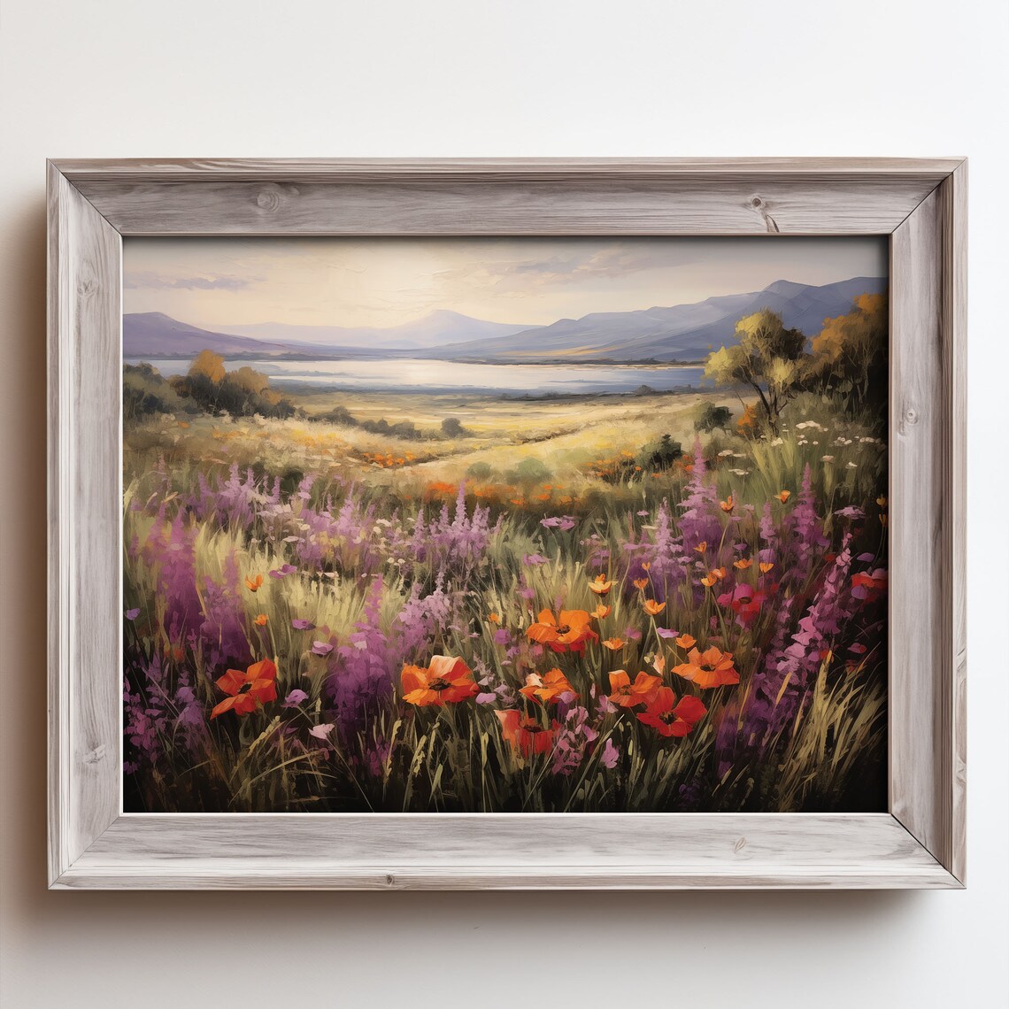 Wildflower Meadow Lake Mountain Vintage Landscape Oil Painting Poster