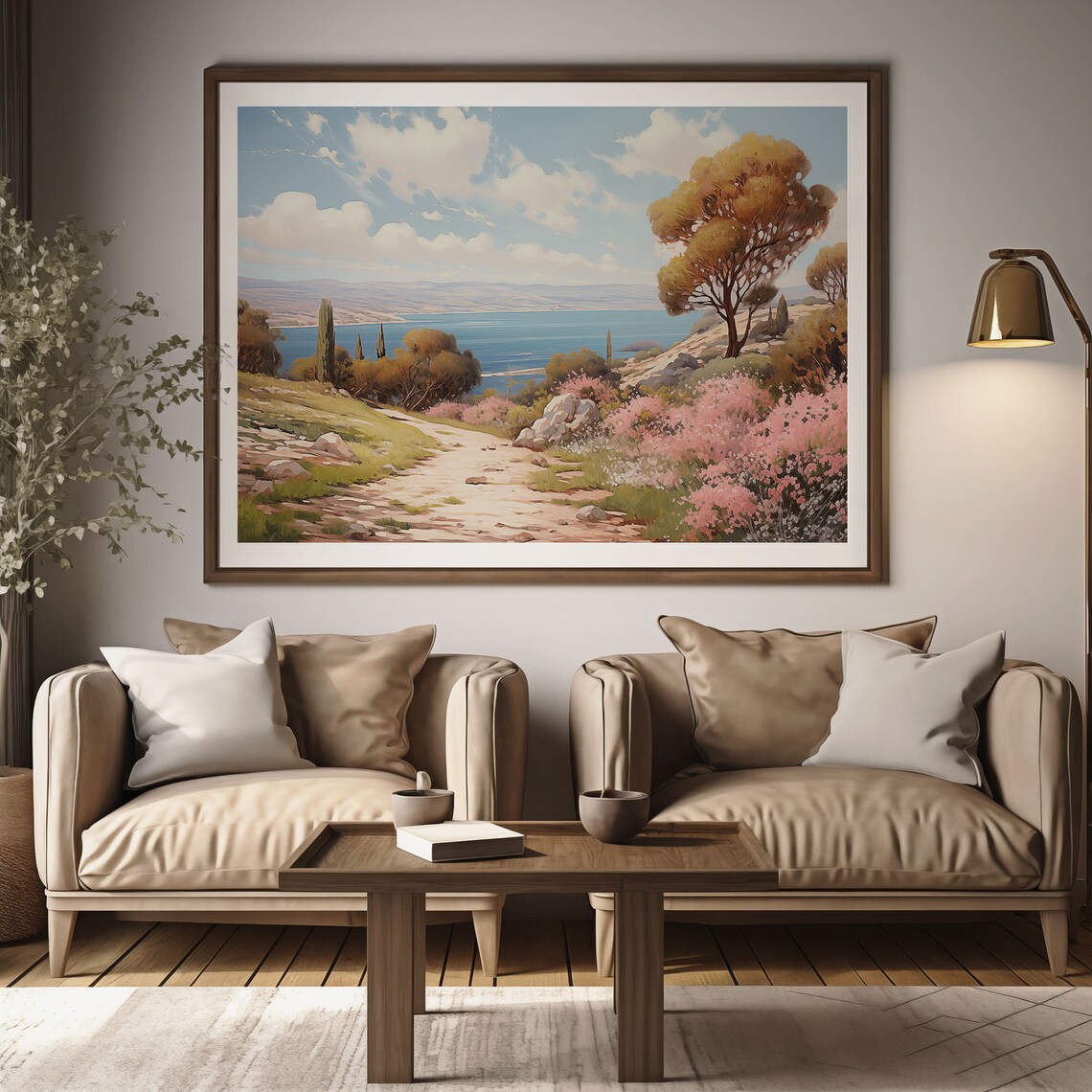 Hill Path with Pink Wildflowers Overlooking the Bay Oil Painting Poster - Image 2