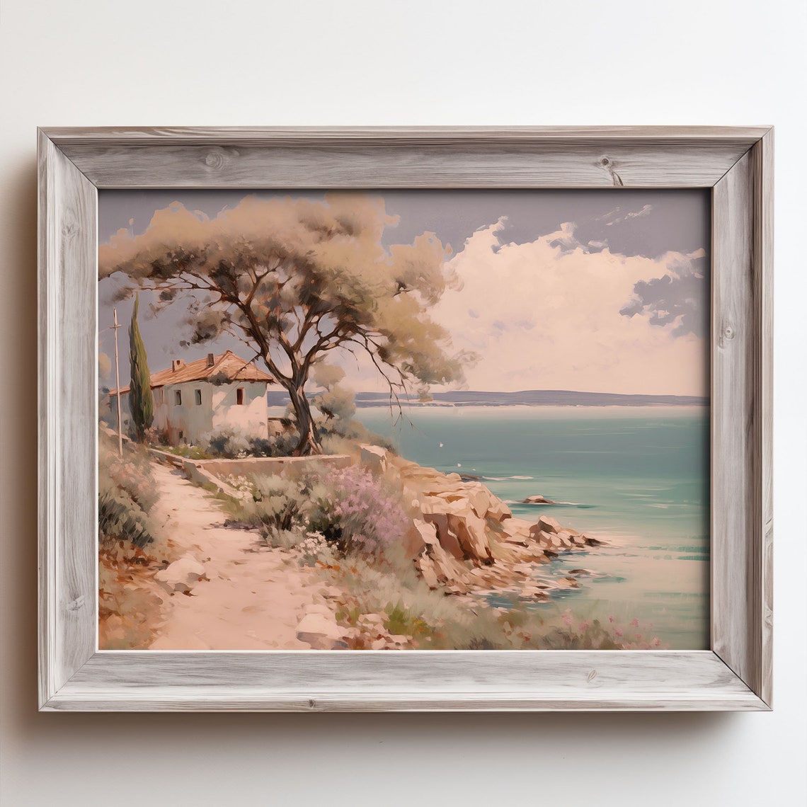 Mediterranean Villa on Rocky Cliff Oil Painting Style Poster