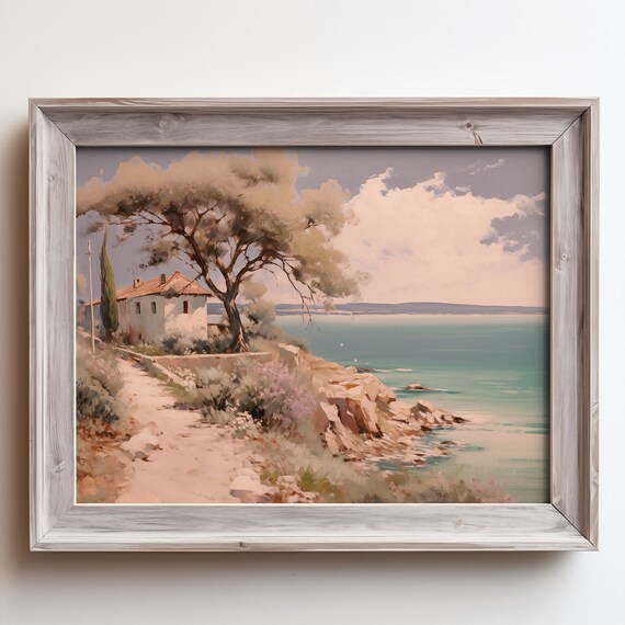 Mediterranean Villa on Rocky Cliff Oil Painting Style Poster