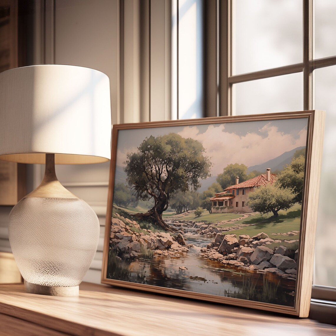 Riverside Farmhouse with Olive Tree and Rocky Creek Oil Painting Poster - Image 3