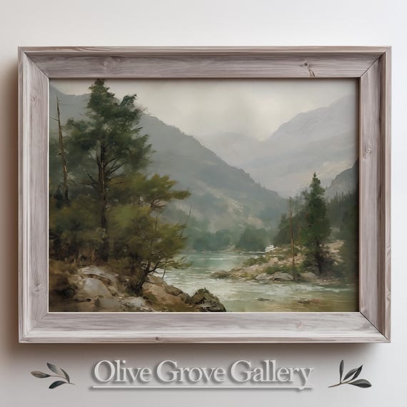 Mountain Forest Landscape Wall Art Misty River Nature Painting Tranquil Wilderness Wall Decor Serene Outdoor Scene Rustic Nature Artwork