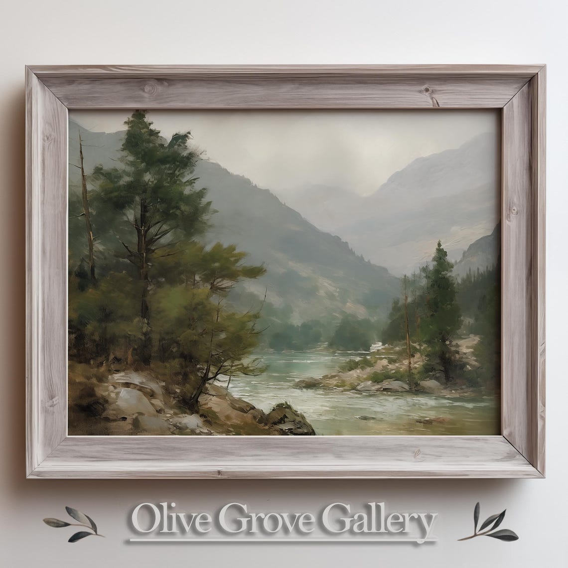 Misty Mountain River Painting Pine Forest Cloudy Peak Water Poster