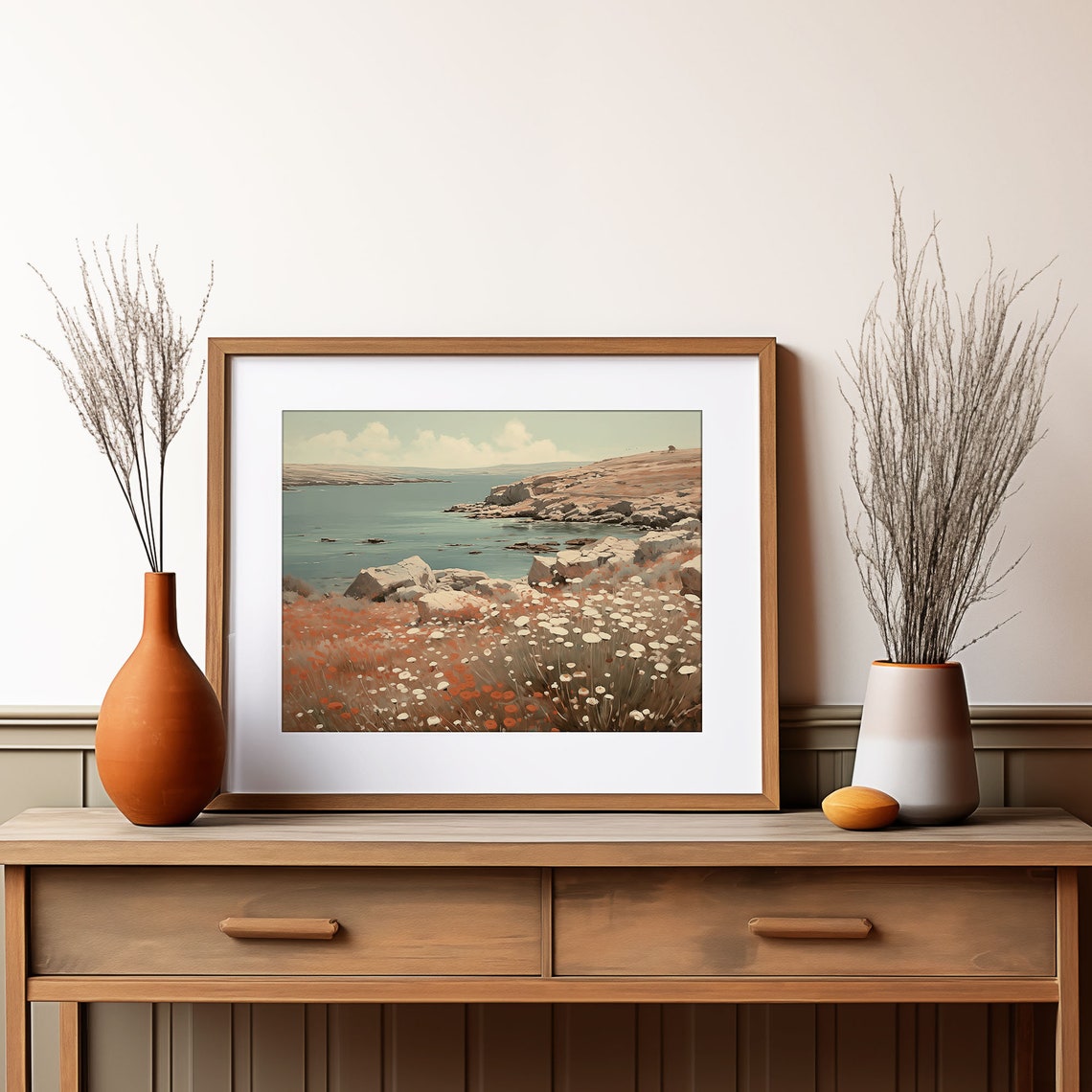 Rocky Coast Wildflower Painting Teal Sea Cliff Ocean Nature Poster - Image 2