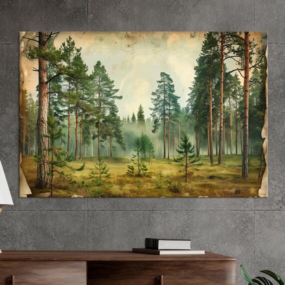 Misty Forest Print Landscape Wall Art Nature Print Vintage Living Room Decor Extra Large Wall Art Print