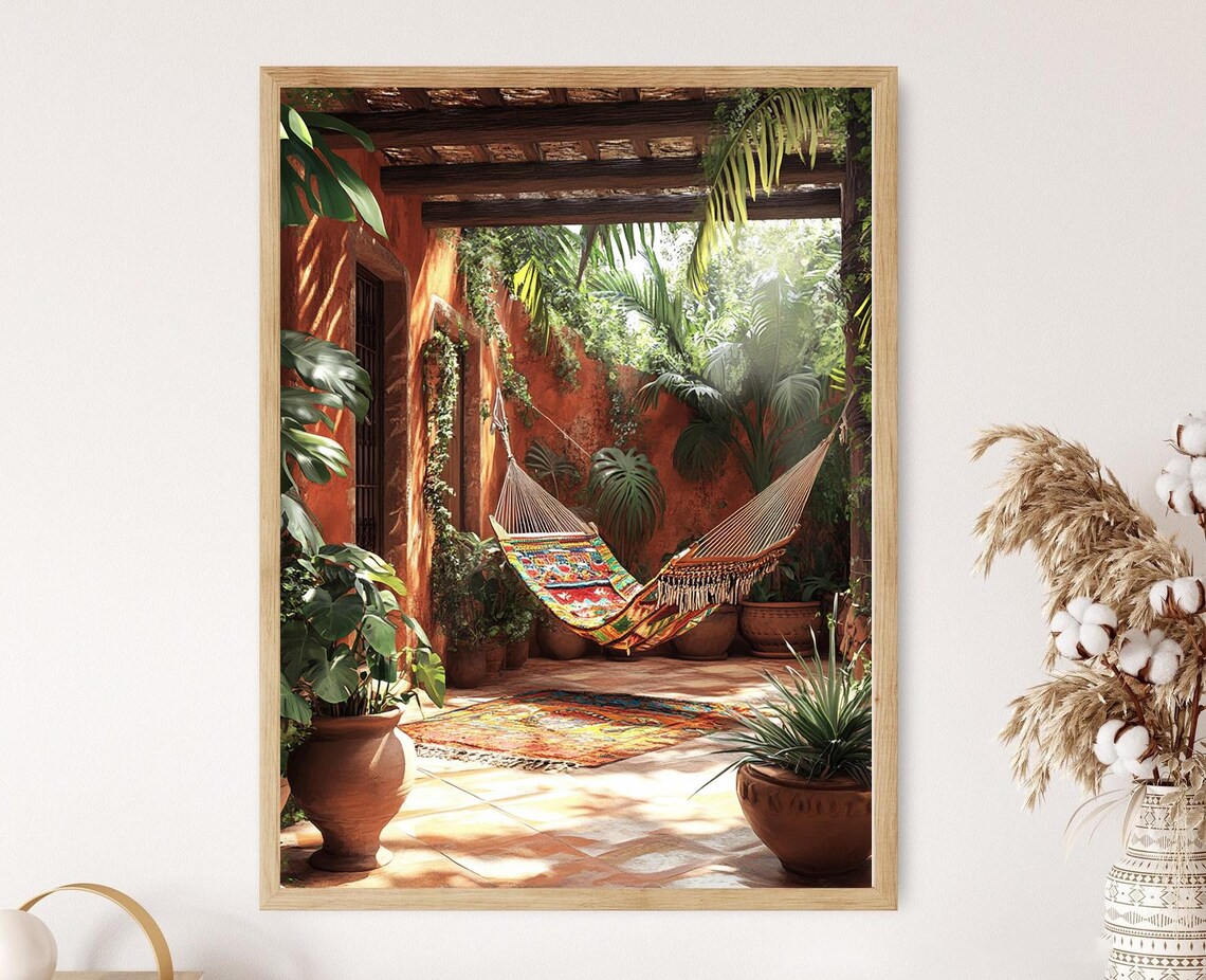 Sunlit Courtyard Hammock with Colorful Textiles and Clay Pots Poster