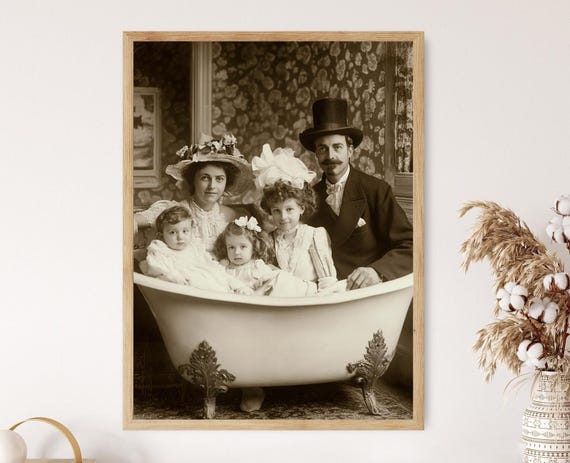 Victorian Family in Bathtub, Funny Vintage Print