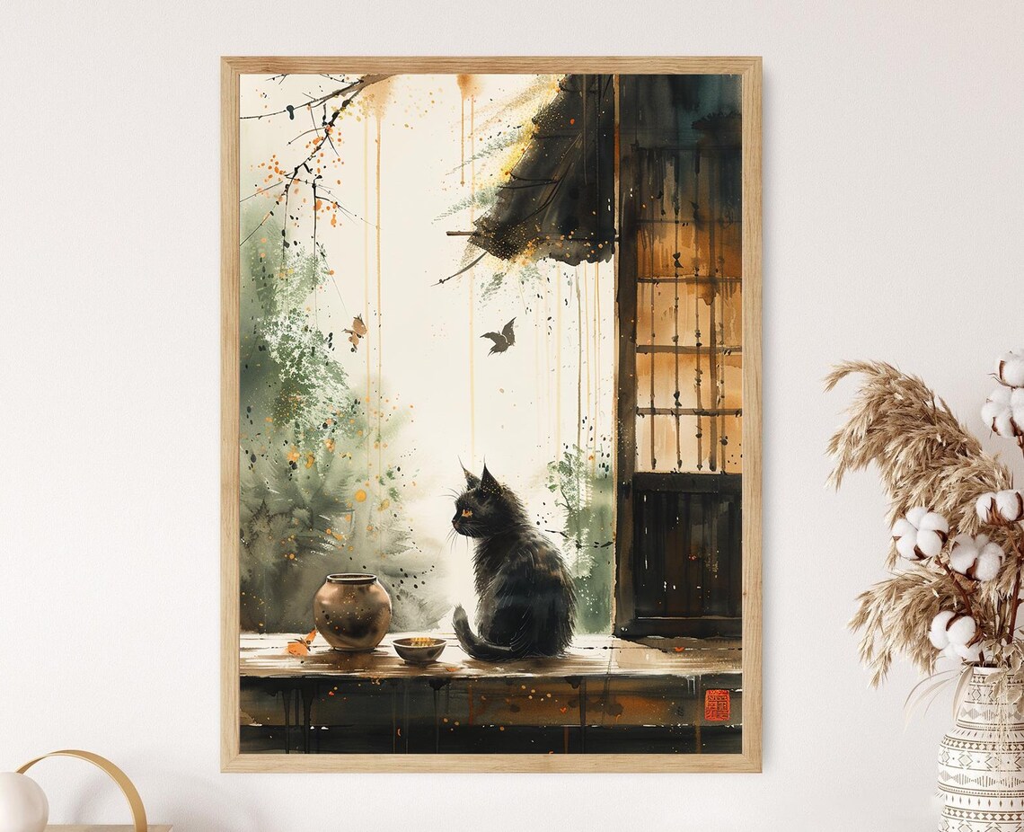 Black Cat Sitting on Windowsill Ink Wash Autumn Leaves Poster