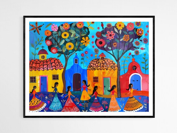 Mexican Folk Dancers Colorful Village Celebration Art Poster